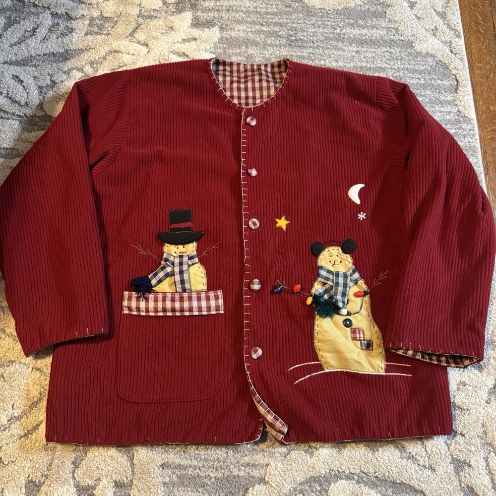 Snowman Christmas Jacket Women XLarge‎ Button Up Embroidered- Corduroy